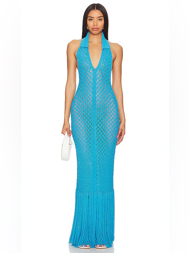 Devon Windsor Blue Crochet Halter Swim Coverup Maxi Dress With Fringe Size Xs